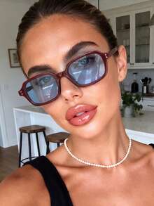 1 Pair Women's Square Ocean Blue Modern Style Sunglasses, Suitable For Outdoor Vacation, Street Wear, Travel, Party - Maroon - View 5