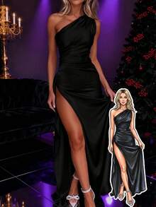 Christmas Gift Women's Sexy One Shoulder High Split Cocktail Wedding Party Maxi Dress - 黑色 - 查看 7