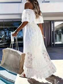 Wt-Solid Color Hollow-Out Embroidered Lace Trim Off Shoulder Ruffle Hem Dress, Boho & Bohemian Style, Spring/Summer - trắng - Xem 2