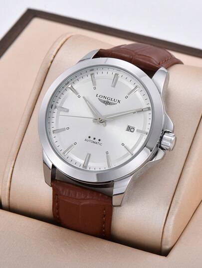 LONGLUX 1 chiếc đồng hồ cơ tự động chống nước, lịch, dây da dành cho nam, kiểu dáng doanh nhân và cao cấp.