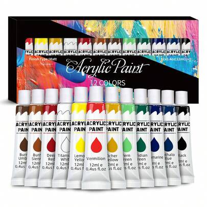 Acrylic Paint Set 12 Pack Of 12mL Paints, Craft Paint For Canvas, Wood, Fabric, Leather, Cardboard, Paper, MDF And Crafts