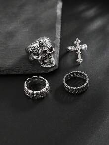 Set de 4 anillos de calavera y cruz punk, accesorios encantadores para el atuendo de fiesta de hombres - Plata antigua - Ver 1