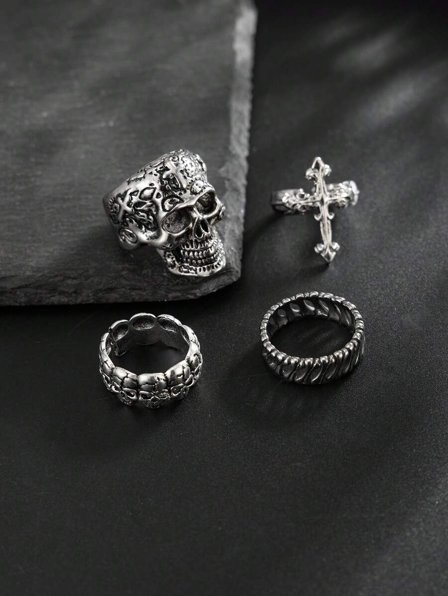 Set de 4 anillos de calavera y cruz punk, accesorios encantadores para el atuendo de fiesta de hombres - Plata antigua - Ver 1