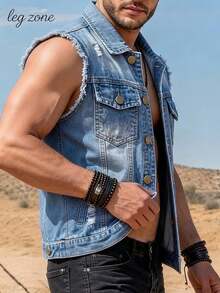 Men's Sleeveless Ripped Denim Vest - Casual Street Style Jacket, Lapel Design, Button Front, Chest Pocket, Suitable For All Seasons, Rugged Denim Style | Durable Ripped Denim Jacket | Sleeveless Jacket | Streetwear - Màu xanh lam - Xem 3