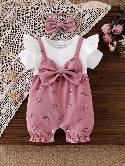 Bộ đồ 2 món cho bé gái, kiểu phối màu tương phản, 2 trong 1, kèm nơ 3D trang trí, áo liền quần tay ngắn họa tiết hoa nhí và băng đô.