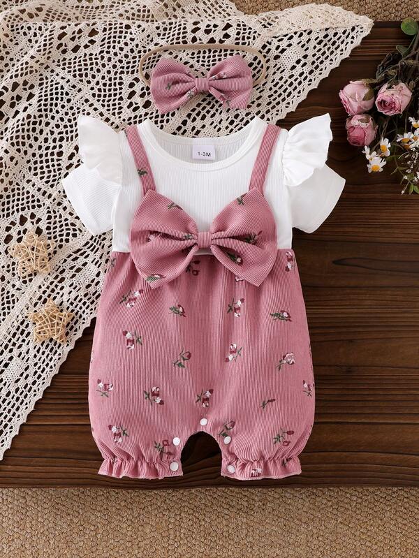 2pcs Baby Girl Patchwork Contrast Color 2 In 1 Outfit With 3D Bow Decor, Ditsy Floral Cap Sleeve Romper & Headband Set
