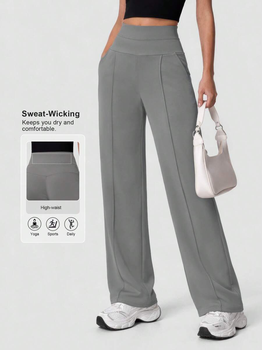 Sodalemon Women's High Waist Elastic Waist Fitness Pants With Side Pockets, Stretchy Slimming Yoga Straight Leg Casual Pants - Grey - View 1