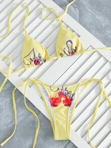 女士黄色印花比基尼套装，三角挂脖滑动罩杯细系带比基尼上衣，侧边系带比基尼下装，低腰高衩性感夏季海滩度假装 - 黃色 - 查看 2
