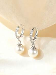 1 par de pendientes de aro elegantes y lujosos con rhinestones y perlas, pendientes de estilo francés minimalista con circonita para mujeres - Plateado - Ver 5