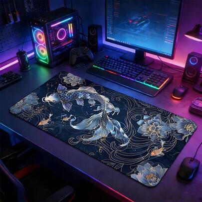 YUFZX Tấm lót chuột chơi game cỡ lớn kiểu Nhật Bản với họa tiết cá Koi vàng và hoa mẫu đơn, đế cao su chống trượt, viền may chắc chắn có thể giặt được, phù hợp cho dàn máy chơi game, văn phòng tại nhà, là món quà lý tưởng cho game thủ, người yêu thích văn hóa Nhật Bản và nghệ thuật cá Koi.