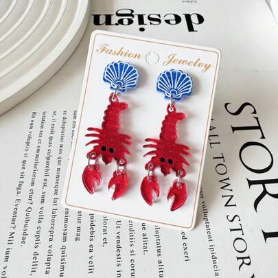 1 Đôi bông tai hình tôm hùm lấp lánh màu đỏ bằng acrylic, bông tai đính vỏ sò màu xanh dương, trang sức thời trang nhẹ nhàng chủ đề đại dương dành cho nữ.