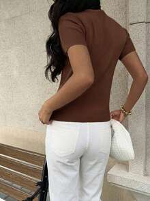 Cárdigan de punto con cuello redondo y botones con forma de corazón para mujer, primavera/verano, casual y elegante, ajustado y de longitud regular; Blusa rosa de manga corta para el Día de San Valentín, adecuada para uso diario en verano - Café integral - Ver 6