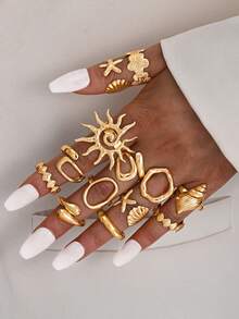 13pcs Bohemian Style Beach Vacation Gold Tone Flower, Sun, Asymmetrical Wide Band Rings Set, Suitable For Women's Holiday, Party, Daily, Travel, Photo Shoot, Versatile New Arrival - Yellow Gold - View 1