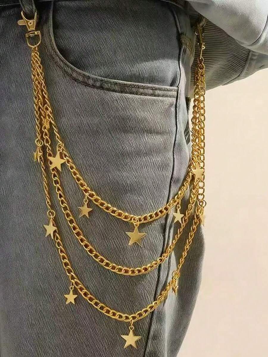 1pc Gold Star Pendant Multi-Layer Men's Pant Chain, Party Street Hip Hop Outfit Accessory Unique Metal Jeans Pant Chain - Gold - View 1