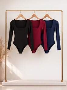 Kit 1, 3 Bodysuits, Women's Shaping Bodysuit, Second Skin Style, Square Neckline, Long Sleeves, Basic, High Fashion, Versatile, Elegant, Blogger Style - BLACK-nAVY-wINE - View 1