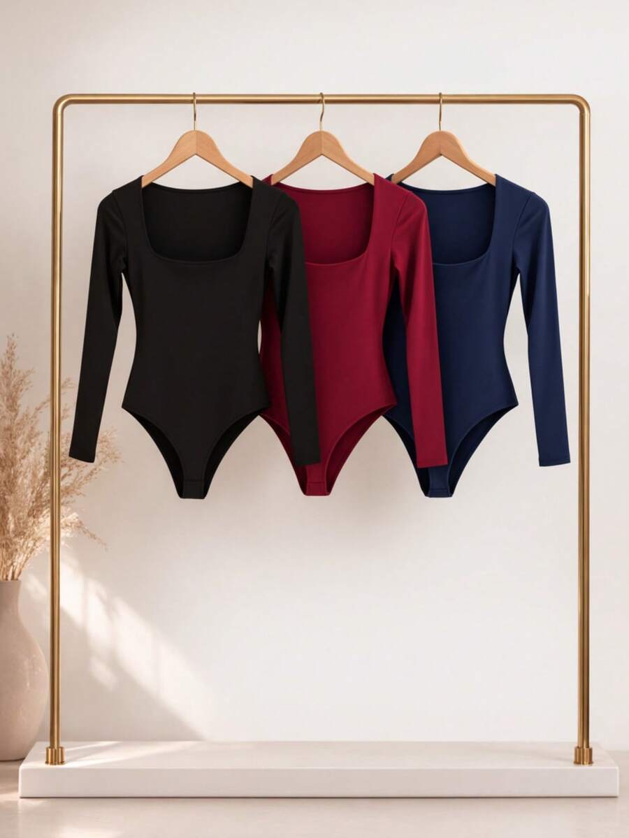 Kit 1, 3 Bodysuits, Women's Shaping Bodysuit, Second Skin Style, Square Neckline, Long Sleeves, Basic, High Fashion, Versatile, Elegant, Blogger Style - BLACK-nAVY-wINE - View 1