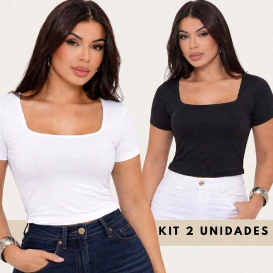 Set Of 2 Basic Women's Baby Look Blouses, Square Neck, Short Sleeve, Cropped, Spandex Fabric With Lining, Shaping, Casual, Versatile, Blogger Style - 黑白 - 查看 1