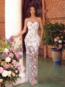 Elegant Strapless High Waist Backless Tie Cocktail Party, Date Night, Ball, Banquet And Formal Occasion Dress (Floral Pattern Randomly Placed) - White - View 6