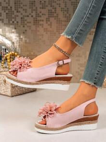 Casual Commute Floral Wedge Sandals For Women, Woven Rope Ankle Strap Open Toe Platform Slides - Pink - View 6