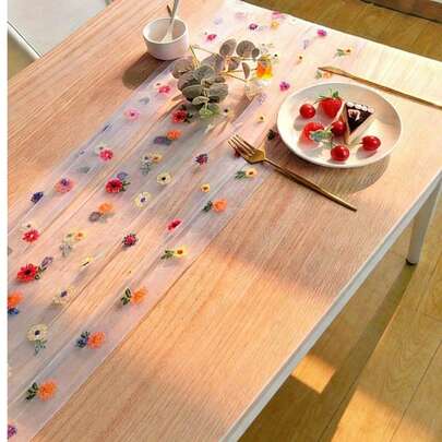 1pc White Floral Daisy Embroidered Table Runner, Featuring Colorful Flowers And Semi-Sheer Mesh Fabric, Suitable For Parties, Weddings, Graduations And More