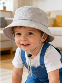 1pc Baby Anti-Drop Lanyard Bucket Hat, Dinosaur Embroidery + Soft Color Blocking Sun Protection Cute Daily Essential Cap - Little Dinosaur - View 2