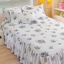 Juego de 3 piezas de falda de cama con volantes dobles y diseño floral minimalista moderno, ropa de cama para dormitorio (1 falda de cama, 2 fundas de almohada, sin núcleo interior) - Blanco - Ver 3