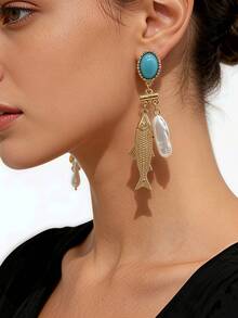 1 par de pendientes de aleación chapada en oro con textura y perla barroca, con vibra de vacaciones en el océano, adecuados para fiestas en la playa, ir al trabajo, joyería elegante - pez dorado - Ver 3