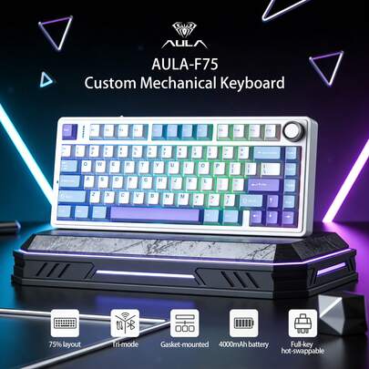 AULA F75 Custom Mechanical Keyboard, 75% Layout, 3 Connection Modes (Bluetooth, 2.4G, Wired), Hot-Swappable Switches, RGB Backlighting, Gasket-Mounted Structure, Compact Gaming Keyboard, Light Blue + White + Purple Colorway