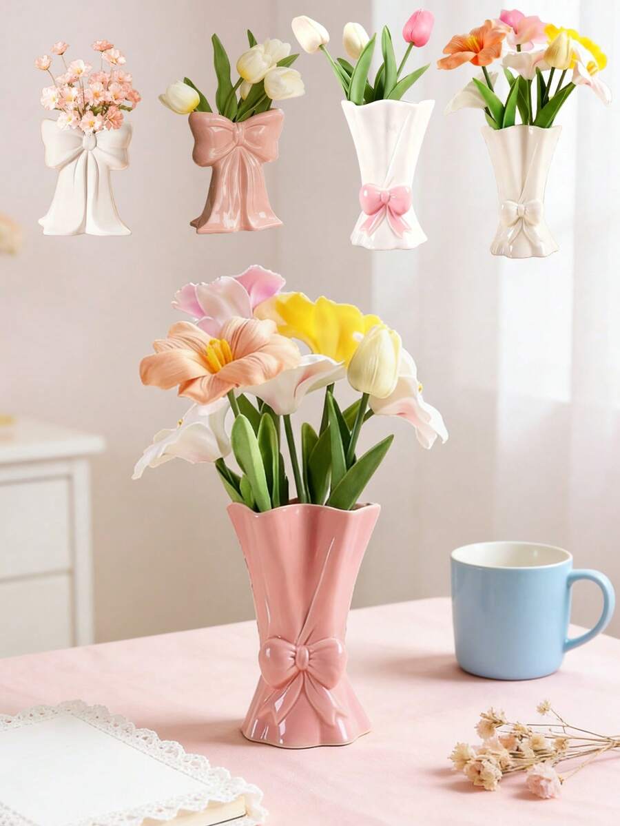 1 pieza Jarrón de cerámica, Jarrón con lazo rosa, Organizador de bolígrafos y brochas de maquillaje, Regalo de decoración de diseño moderno, Almacenamiento para el hogar y la oficina, Decoración de mesa de café (rosa/blanco) Jarrón de estilo bohemio, Decoración moderna para sala de estar, entrada, mesa de café del hogar, Decoración central para mesa de café de sala de estar y dormitorio, Regalo del Día de la Madre, Decoración de Pascua - Múltiples estilos - Ver 1