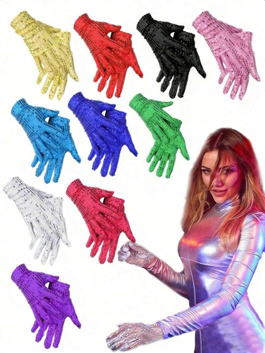 D EXCEED 1/4/5 Pcs 70s 80s Disco And Y2K Style Sequin Gloves, Unisex – Perfect For Retro Cosplay, Disco Themed Parties, And Y2K Rave Parties - Multicolor - View 1