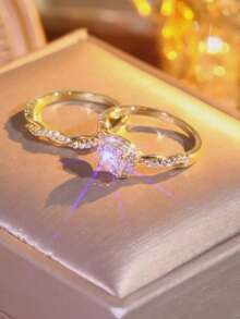 两枚优雅女士戒指，新娘结婚戒指，新颖设计，镶嵌闪亮合成立方氧化锆，结婚订婚周年纪念日生日石戒指，情侣戒指，情人节、母亲节、妇女节送给女性的礼物 - 金色 - 查看 9