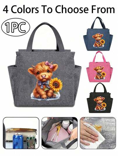 Double Layer Insulated Lunch Bag, High Capacity Thermal Lunch Box Bag With Sunflower And Highland Cow Pattern, Cute Cow With Big Eyes, Portable Picnic Bag, Thermal Lunch Bag, Office Lunch Box, Men's Travel Lunch Box, Women's Camping Multi-Function Lunch Box, Mother's Day Gift, Gift For Teacher, Friend, Bridesmaid, Student Back To School