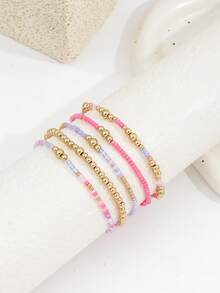 Set de 5 pulseras con cuentas de arroz CCB, accesorios de moda minimalista con estilo de playa personalizado para mujeres (cuentas de arroz mixtas, sin posicionar) - Dorado - Ver 2