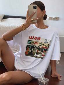 Camiseta holgada de mujer de cuello redondo y manga corta con estampado de letras con diseño, camiseta de verano gráfica oversize - Blanco - Ver 10