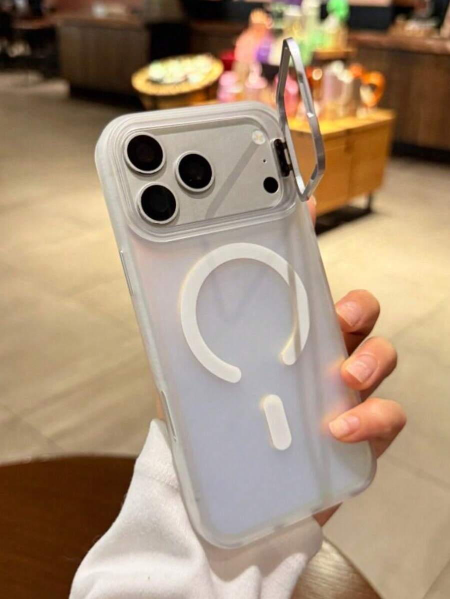 1pc Laser Gradient Electroplated Camera Bracket Magnetic Phone Case Compatible With IPhone 17 16 15 14 13 Pro Max Wireless Charge Cool Matte Clear - White - View 1