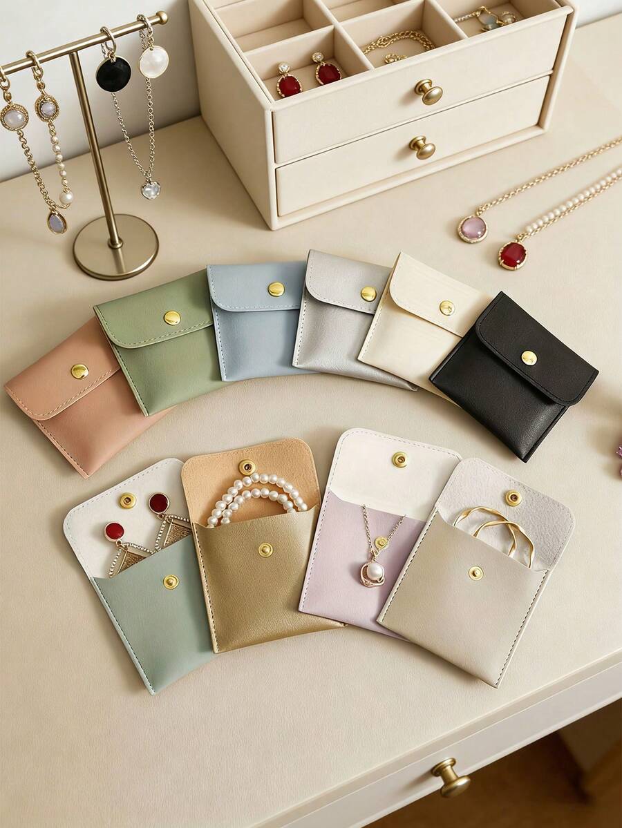 20/1pc Faux Leather Jewelry Pouch With Snap Closure, Jewelry Storage Bag - Luxury Gift Bag For Earrings, Necklaces, Bracelets And Rings - Pu Leather Storage Bag - View 1