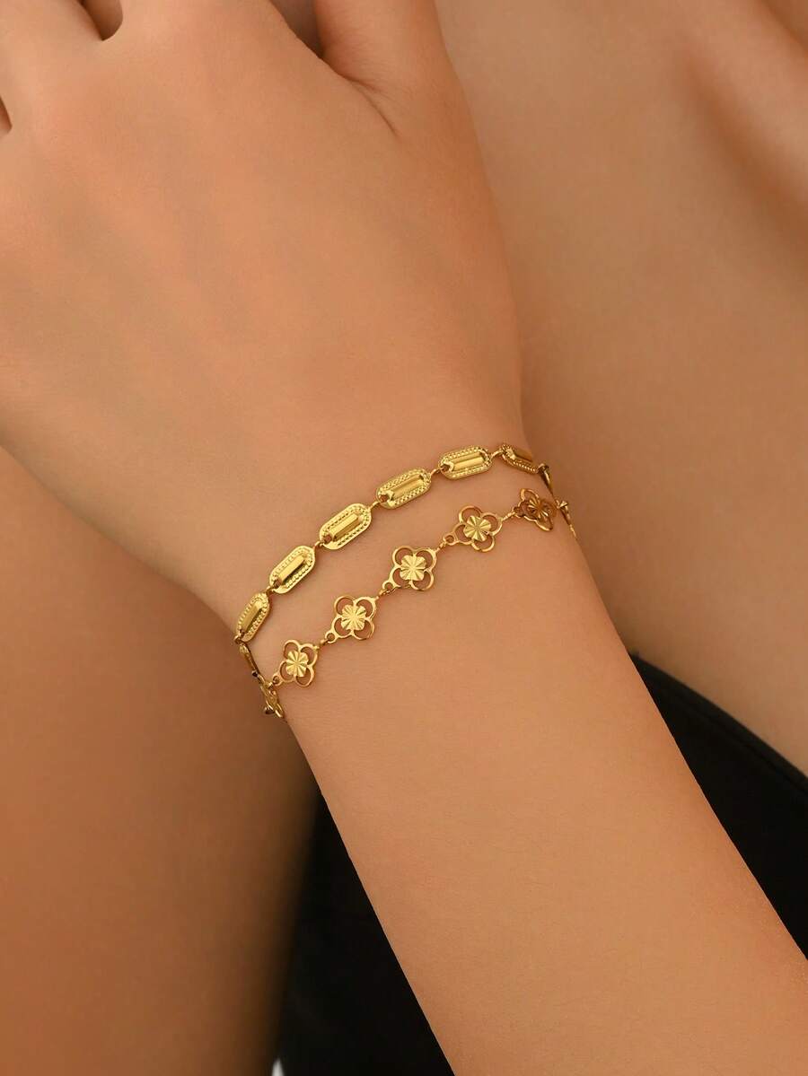 Vintage Floral Connected Metal Bracelet For Women, Geometric Niche Elegant Minimalist Chain Bracelet, Suitable For Daily, Party, Street, American Style Jewelry Gift - Yellow Gold - View 1