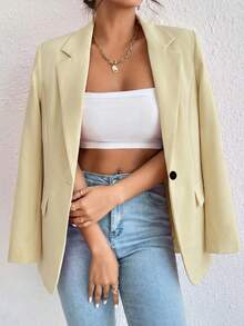 1 chiếc áo khoác blazer nữ thời trang đa năng, màu trơn, dáng rộng, có túi, cổ ve áo, nhẹ, thích hợp cho mùa xuân và mùa hè. - Màu vàng - Xem 4