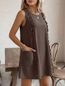 Sleeveless Solid Color Frill Trim Dress, Suitable For Outdoor Sports And Casual Wear Elegant - Brown - View 3