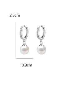 1 par de pendientes de aro elegantes y lujosos con rhinestones y perlas, pendientes de estilo francés minimalista con circonita para mujeres - Plateado - Ver 4