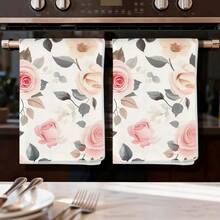2pcs Pink Rose Print Kitchen Towels, 100% Polyester Kitchen Cleaning Cloths, Suitable For Restaurant, Kitchen And Home Decor; Quick-Drying, Lightweight, Fade-Resistant, Low-Shedding, Anti-Mildew, High Color Fastness, Size 40*60cm - Beige - View 11
