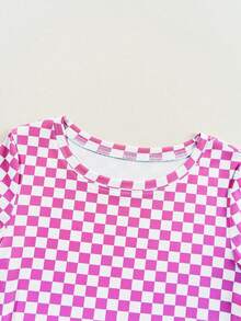 Acelitt Summer Colorblock Checkerboard Print Ribbed Fitted Round Neck Short Sleeve Fuchsia T-Shirt, Suitable For Outings Casual - Hot Pink - View 5