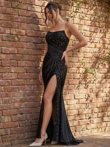 Elegante y sexy vestido formal de sirena con parches de lentejuelas negras sin tirantes, adecuado para bodas, fiestas, graduaciones, cumpleaños, Navidad, Año Nuevo y otras ocasiones formales - Negro - Ver 3