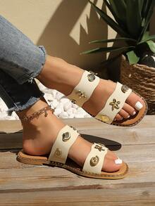 Sandalias planas de diapositiva con doble correa, decoración de metal con estrella de mar y concha, apropiadas para adolescentes, con suela suave antideslizante y punta abierta, estilo romano, para vacaciones de verano en la playa - Albaricoque - Ver 6