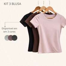 Set Of 3 Women's Short-Sleeve Crew Neck Blouse With Double Lining, Basic Baby Tee, Slim Fit, Gym Wear, Everyday Wear. - 裸棕色黑色 - 查看 5