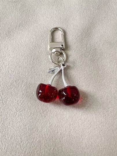 1pc Women's New Shiny Faux Cherry Keychain Accessory, Fashionable Delicate 3D Fruit Bag/Phone Charm, Key Chain