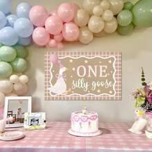 1set,One Silly Goose Birthday Banner Decor, Kraft Paint Paper Decoration One Silly Goose Backdrop For Princes First Birthday Party Decorations,Cute Goose With Pink Hat & Balloon Design For Babe 1st Birthday, Farm Themed Party & Photo Booth Background,Goose 1st Birthday Banner Gender Neutral Celebration & Photo Booth - View 6