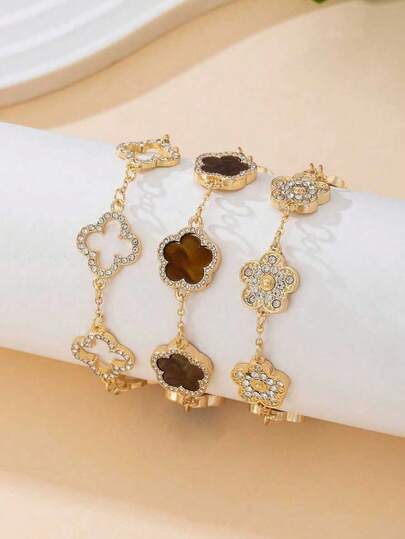 Set de 3 piezas de pulseras con encantos de cristal con trébol y flor de moda, adecuadas para fiestas, vacaciones, joyería de mujer