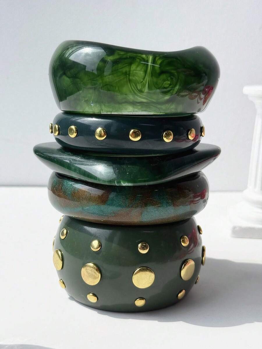 1pc Green Wide Resin Bracelet, New Punk Style Gold Rivet Cuff Jewelry, Versatile Retro Thick Bangle For Women - Multicolor - View 1