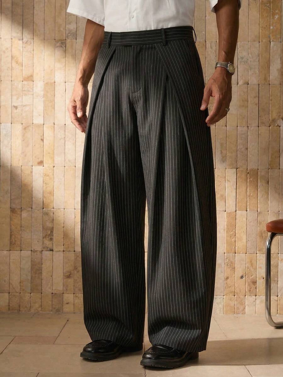 Men's Striped Print Zipper Crossover Loose Pants, Fall - Black - View 1